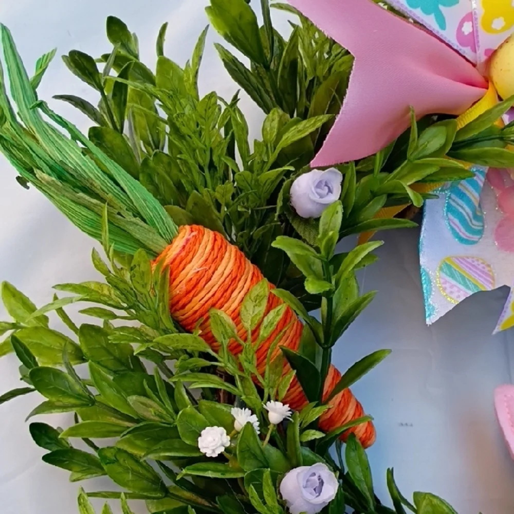 Easter Bunny Wreath with Pink and Carrot Eggs Green Accents Handcrafted